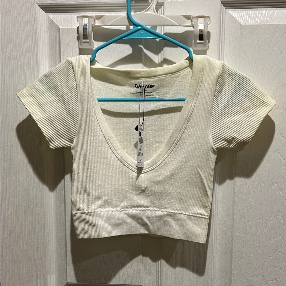 Garage White Ribbed V-Neck Crop Top